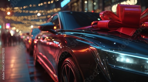Luxury Car with a Festive Bow on Urban Street