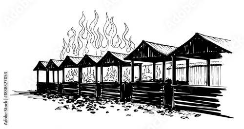 burning street market stalls on fire disaster vector sketch