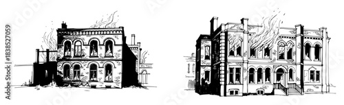 building before and after fire or war destruction sketch set