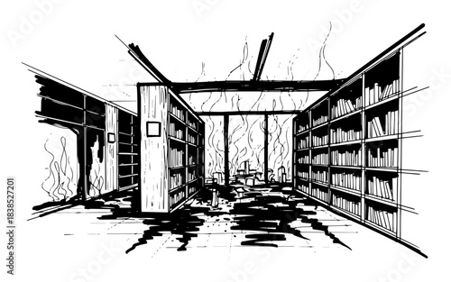 burnt library interior after fire disaster vector sketch