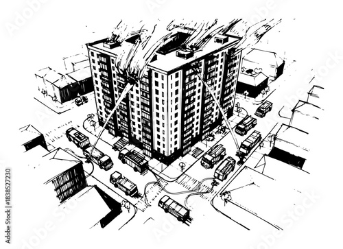 high-rise building on fire with traffic jam below aerial sketch