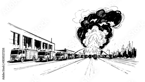 fire trucks convoy responding to a distant explosion sketch