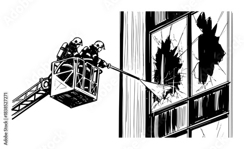 firefighters on a ladder truck spraying water into broken window