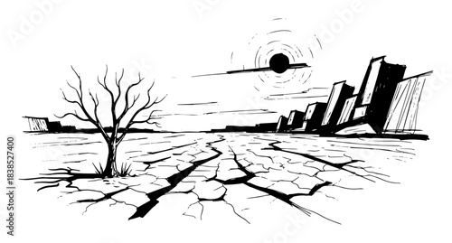 apocalyptic drought landscape with cracked earth and ruined city