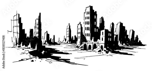 ruined city after war or apocalypse disaster vector silhouette