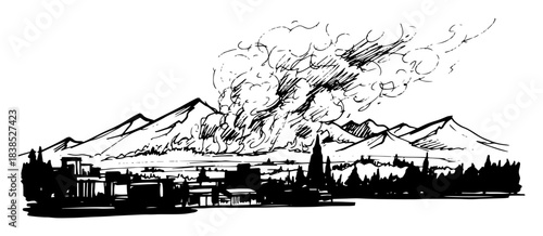 wildfire burning hillside near mountain town sketch