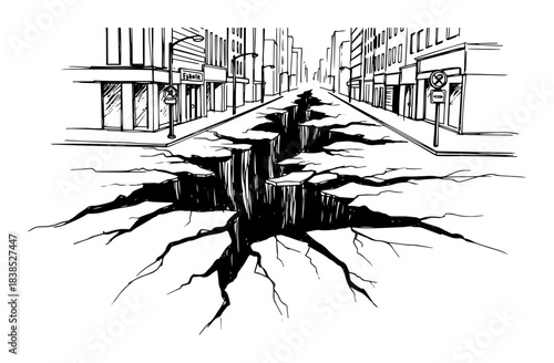 massive earthquake fissure splitting city street sketch