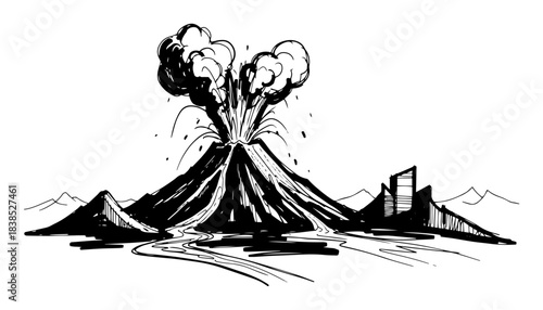 erupting volcano spewing ash and lava sketch