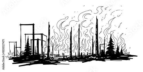 forest wildfire threatening electrical substation sketch
