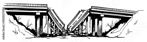 broken collapsed highway bridge destruction vector sketch