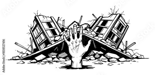 hand emerging from rubble of earthquake disaster sketch