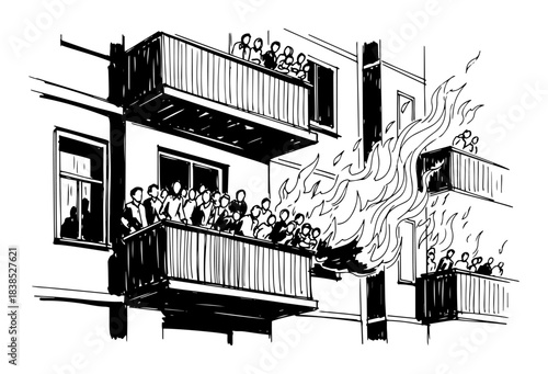 people trapped on balcony during apartment building fire sketch