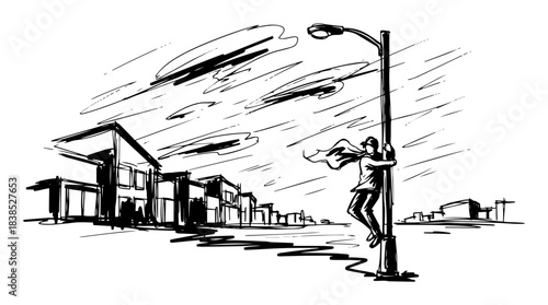 person holding on to pole during hurricane wind storm sketch