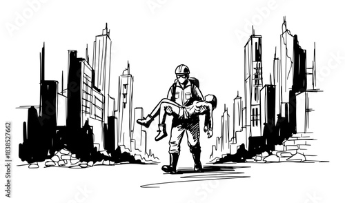 rescuer carrying victim from ruined city disaster aftermath sketch