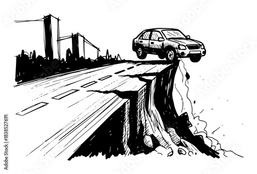 car at the edge of a collapsed road after earthquake disaster sketch