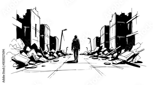 lone survivor walking through destroyed city street vector sketch
