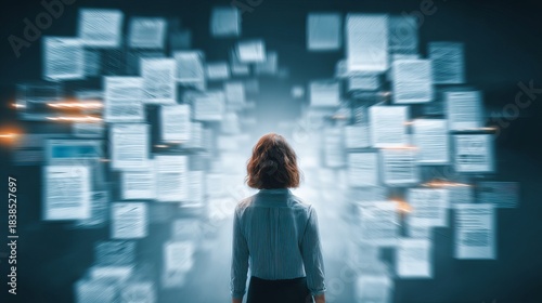 Businesswoman overwhelmed by floating documents in modern office