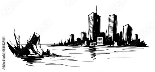 coastal city skyline flooded sketch