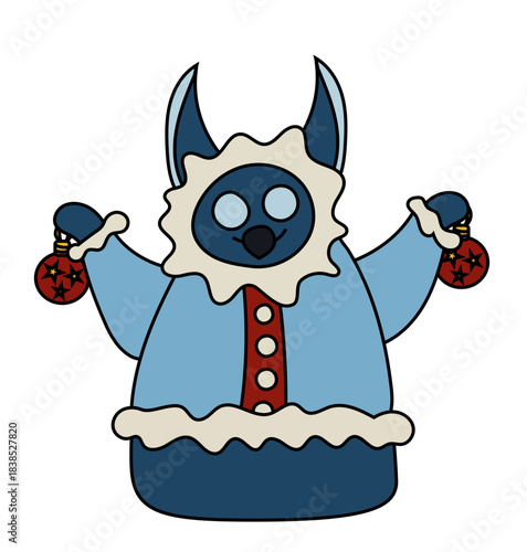 A cute dark blue monster with long ears, dressed in a winter coat with fur lining, holding up two Christmas balls. Vector drawing. 