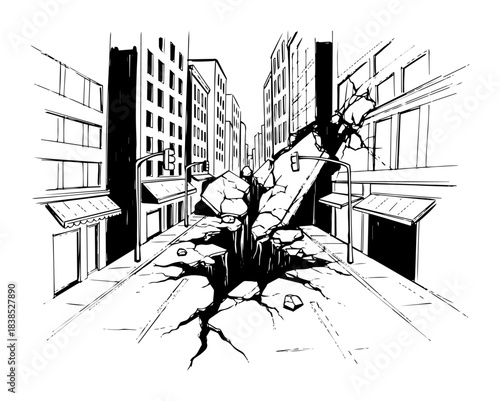 city street destroyed by earthquake disaster vector sketch