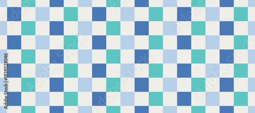 Checkerboard retro 70s, 90s groovy pattern. Seamless pattern blue, green and white checkered plaid background