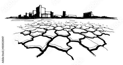 drought disaster cracked earth landscape with city vector