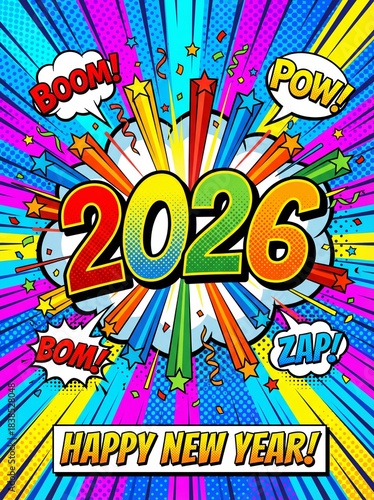 Happy New Year 2026 Pop Art Comic Explosion Cartoon Retro İllustration Celebration Vertical Concept