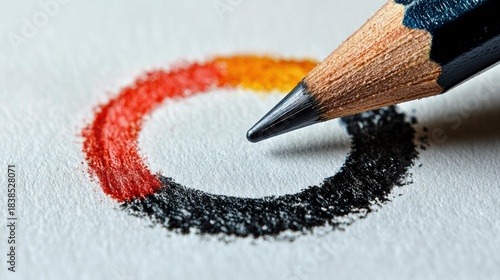 A pencil is used to draw a circle with red, orange, and black colors on textured white paper. AI.