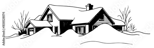 house buried in deep snow after blizzard vector sketch