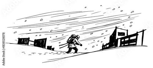 person struggling through blizzard snow storm survival sketch