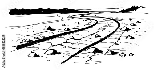destroyed railway tracks in eroded landscape sketch