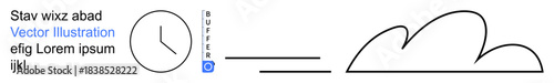 Timekeeping, communication, data buffering, minimalism, cloud storage, abstract concepts. A clock, text labeled buffer horizontal lines and a cloud outline. Timekeeping and communication concepts