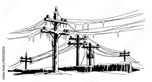 power lines covered in ice after winter storm sketch