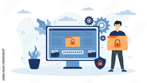 Modern cyber security data protection illustration showing locked files password access privacy settings and secure computer system ideal for technology security and digital safety themes