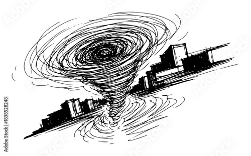 tornado destroying a city skyline vector sketch