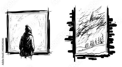 person looking at a winter storm through a window sketch