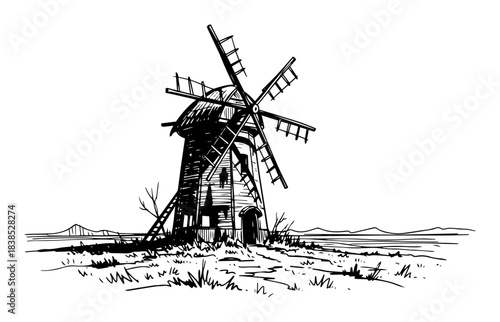 old ruined windmill in a rural landscape vector sketch