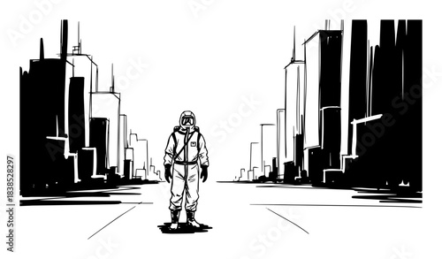 person in hazmat suit on empty post-apocalyptic city street