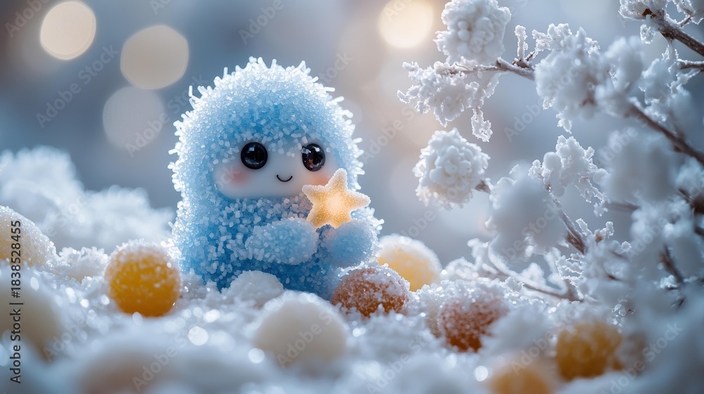 Obraz premium A blue, fuzzy character holds a star, surrounded by frosted candies and branches. AI.