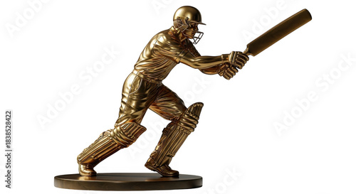 Golden cricketer silhouette dynamic action pose batting stance trophy sculpture transparent background