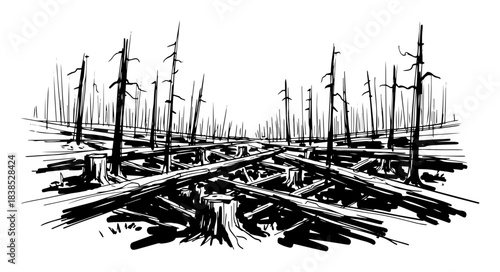 deforested landscape with tree stumps environmental damage sketch