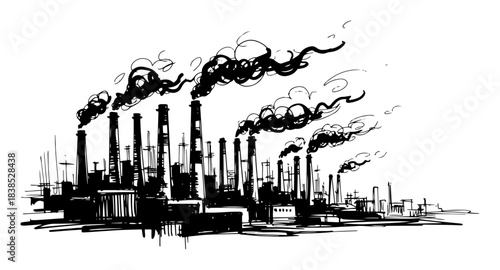 industrial factory smokestacks emitting pollution sketch
