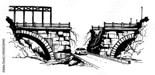 collapsed stone bridge over road infrastructure failure sketch