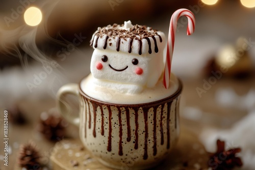 A mug with a smiley-face marshmallow and a candy cane is surrounded by steam. AI.