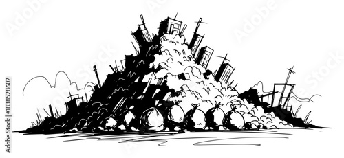 city built on a giant garbage pile pollution concept sketch