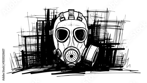 Obraz na plátně gas mask in post-apocalyptic ruined city sketch vector