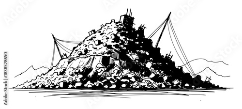 massive landfill garbage pile with cranes sketch vector
