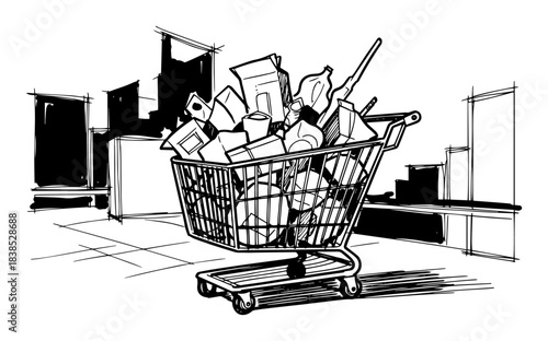 shopping cart full of garbage consumerism concept sketch