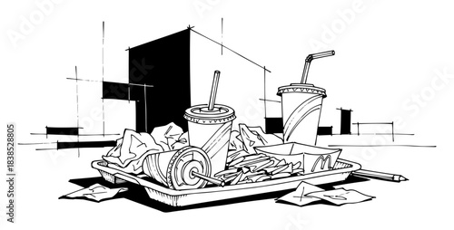 fast food waste and litter on a tray black vector sketch