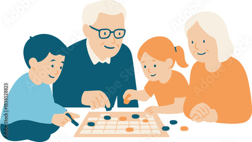 Family playing board game together isolated on white background silhouette